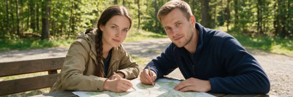 recreation-planners-marking-a-trail-on-a-map-in-a-forest
