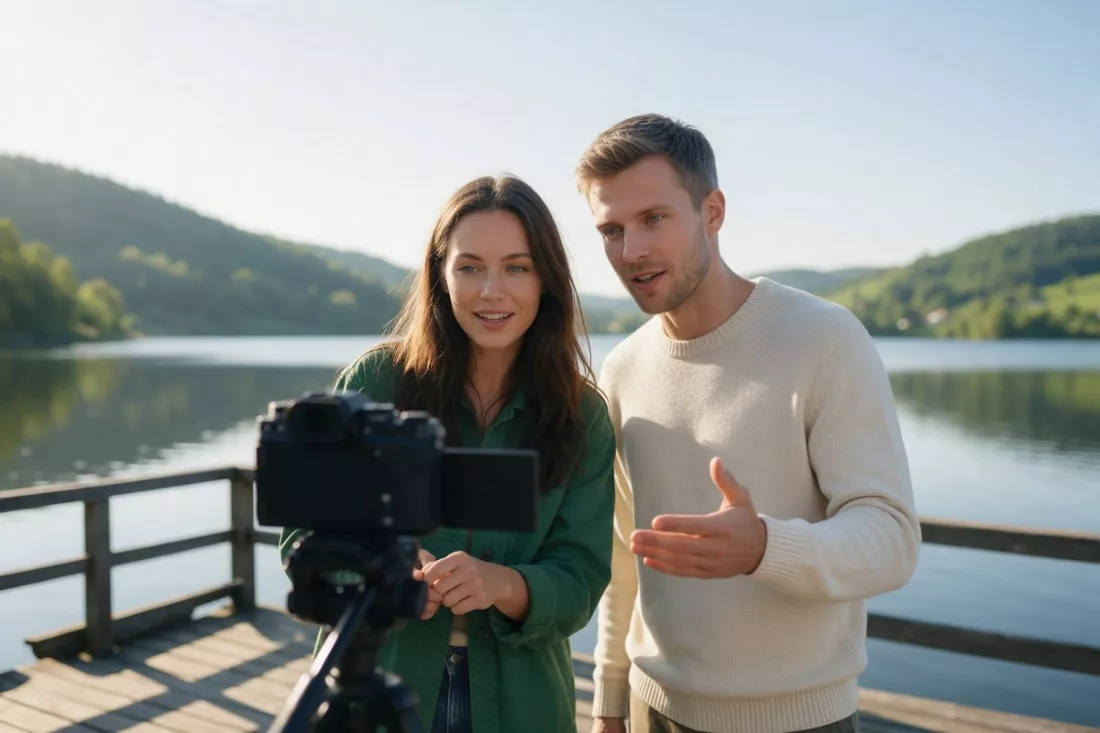 tworcy-nagrywaja-film-promocyjny-na-pomoscie-nad-jeziorem