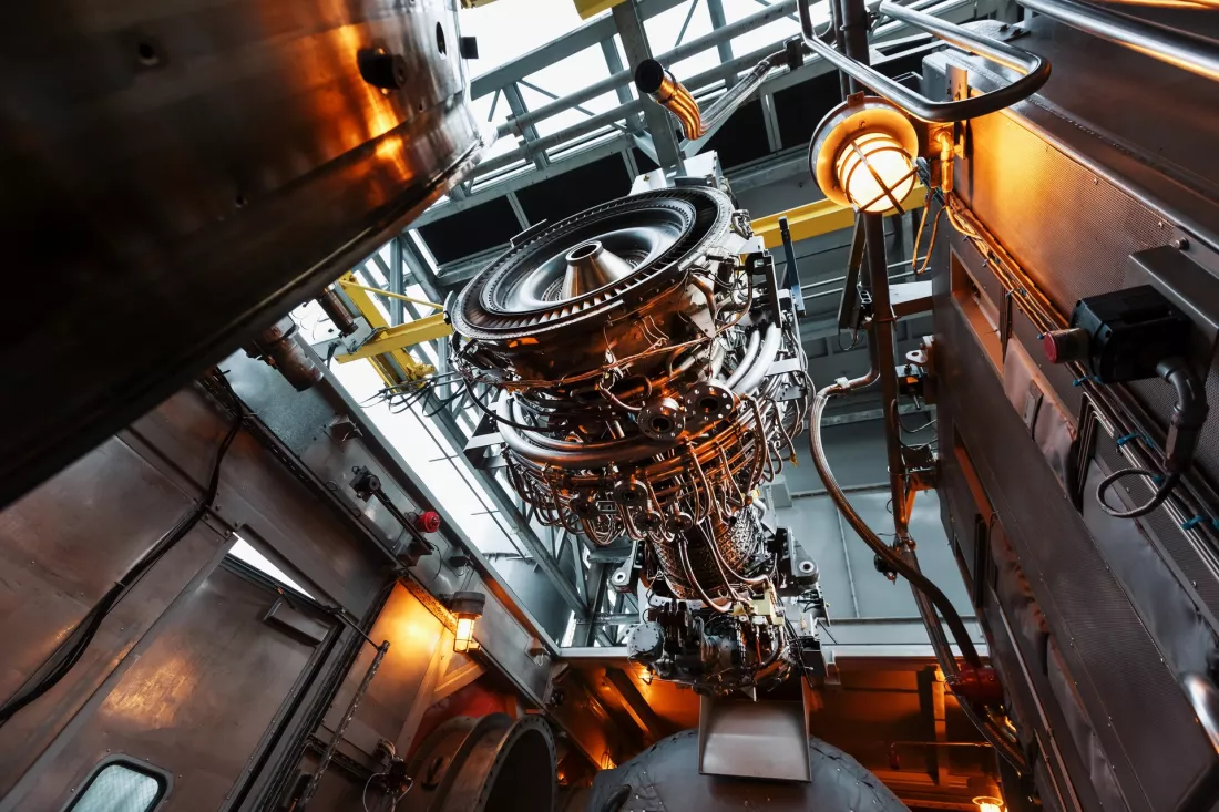 Marine gas turbine engine under maintenance in a workshop