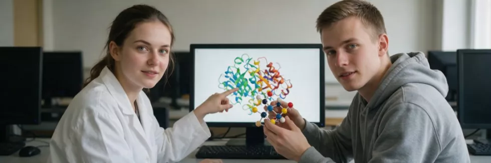 students-comparing-a-molecular-model-with-a-3d-protein-structure