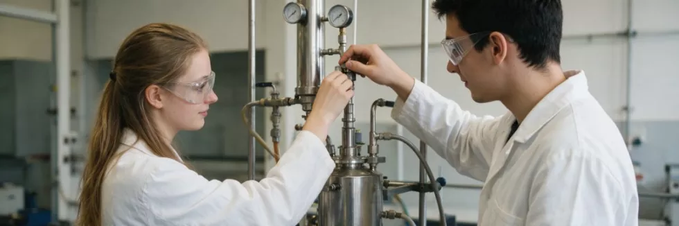 chemical-engineering-students-adjusting-a-pilot-distillation-unit