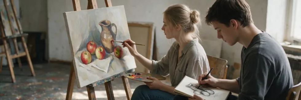 art-students-painting-a-still-life-at-easels