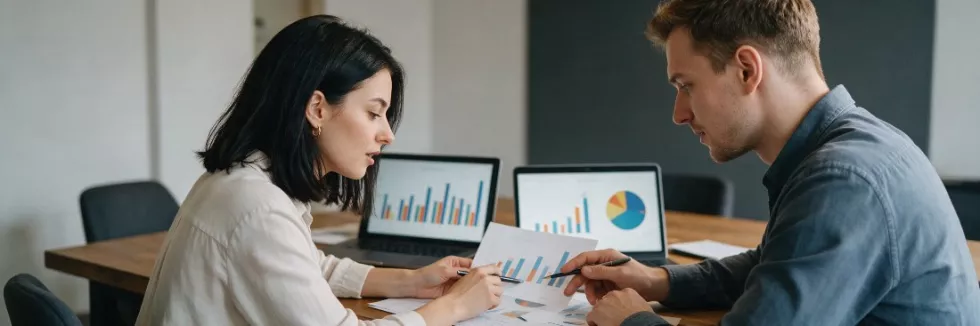 two-graduates-analysing-international-market-charts-test