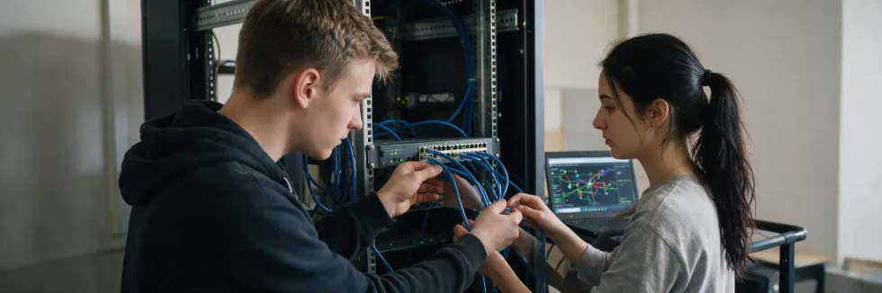 it-students-connecting-network-cables-in-a-server-rack-test