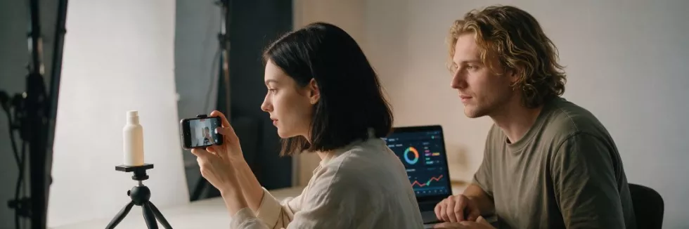 marketers-filming-product-content-and-checking-analytics-test