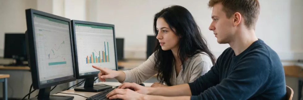 economics-students-building-a-data-model-on-two-monitors