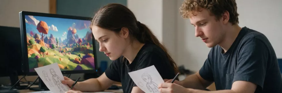 game-development-students-sketching-characters-next-to-a-monitor
