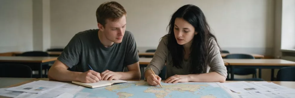 students-analysing-a-world-map-during-a-political-studies-seminar