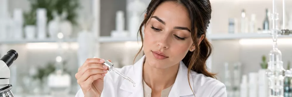 Beauty-Science-Masters-test-female-skincare-scientist-analyzing-serum-cosmetic-ingredien