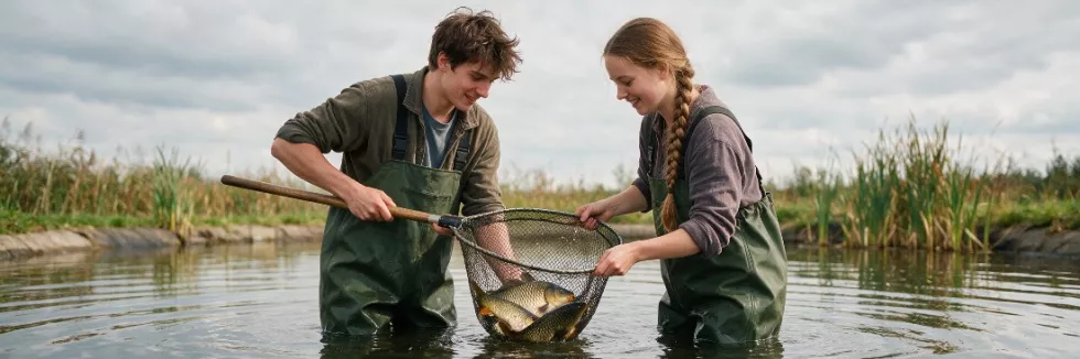 students-netting-carp-in-a-fish-pond-test