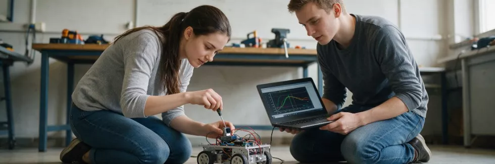 students-testing-a-small-wheeled-robot-in-a-lab-test