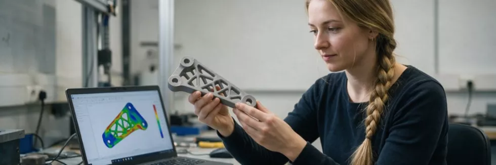engineer-inspecting-a-3d-printed-metal-bracket-beside-simulation