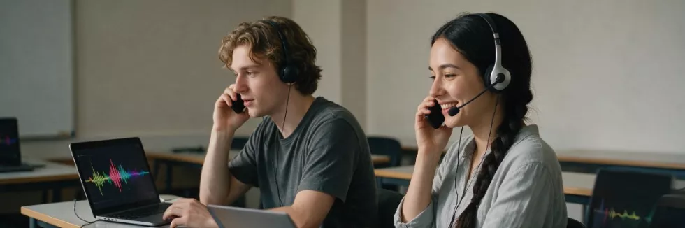 students-practising-a-business-call-in-a-language-lab-test