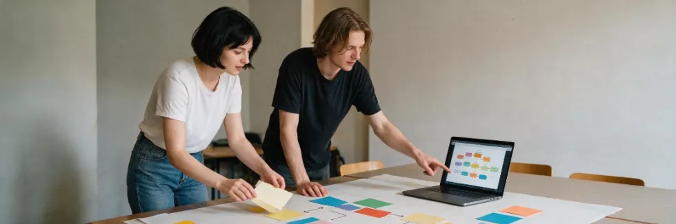 students-mapping-a-business-process-next-to-a-laptop-test