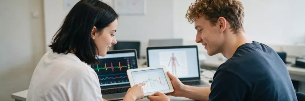 medical-informatics-students-analysing-health-data-on-laptops