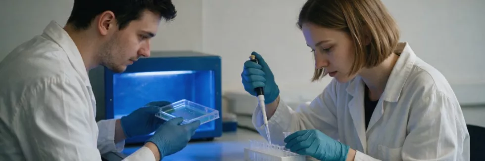 researchers-pipetting-samples-and-checking-a-gel-in-a-lab