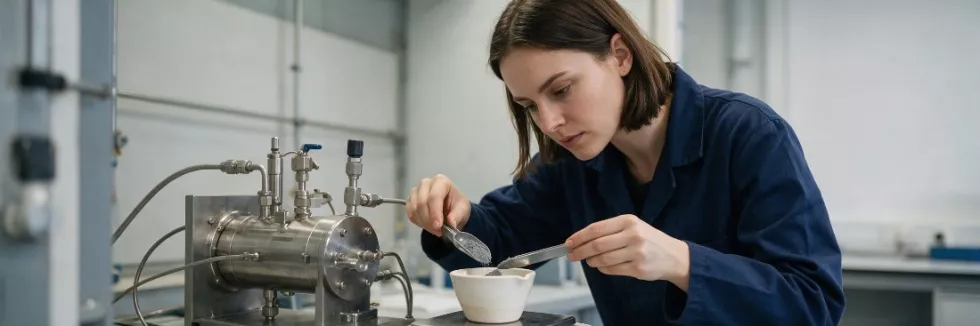 researcher-weighing-catalyst-powder-next-to-a-steel-reactor-test