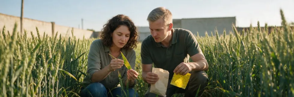 agronomists-inspecting-diseased-wheat-leaves-in-a-field