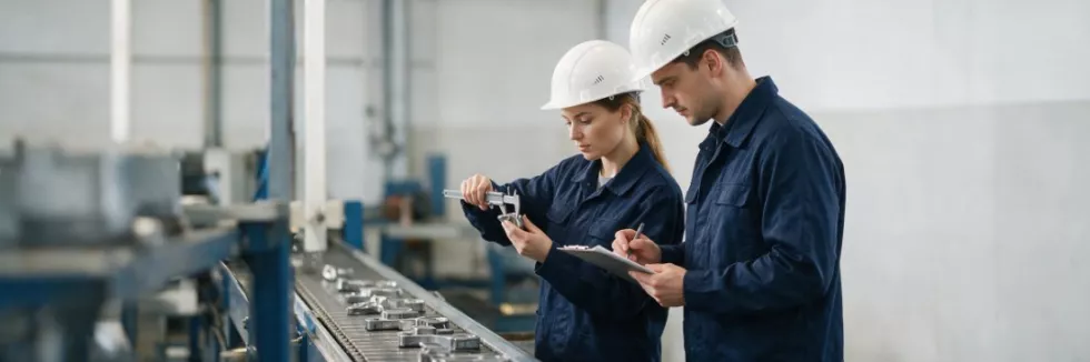 quality-engineers-measuring-a-metal-part-beside-a-conveyor