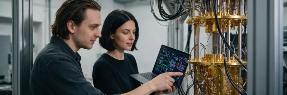 researchers-beside-a-golden-quantum-computer-cryostat