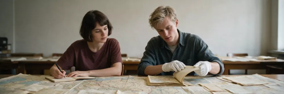 students-examining-old-maps-of-central-and-eastern-europe