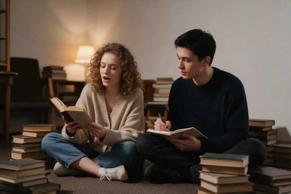 studenci-anglistyki-rozmawiaja-o-literaturze-w-czytelni