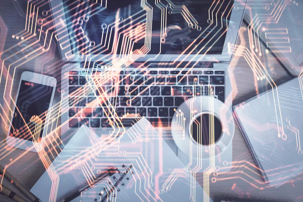 technology-hologram-drawing-computer-desktop-background-top-view-double-exposure-tech-concept