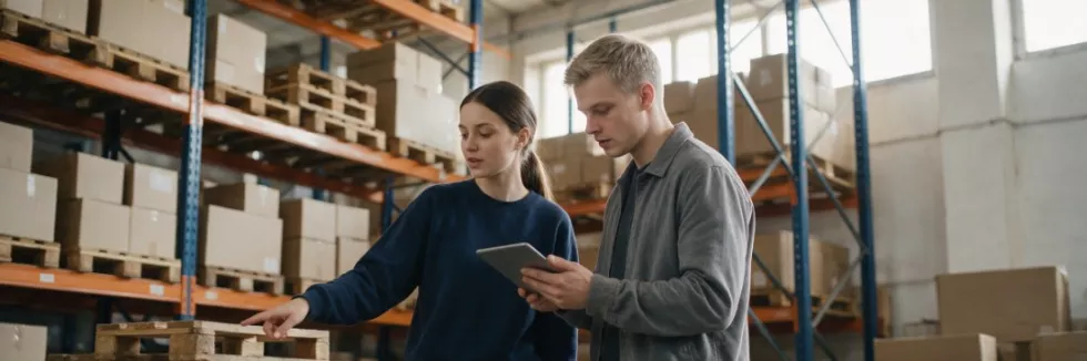 students-checking-pallets-between-warehouse-racks