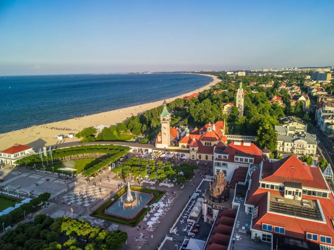 Aerial view of Sopot with the pier, the beach and the Baltic Sea