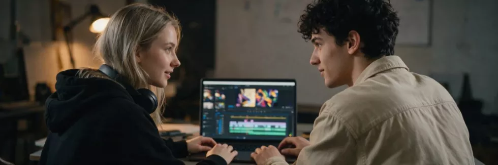 students-editing-a-video-on-a-laptop-in-a-studio