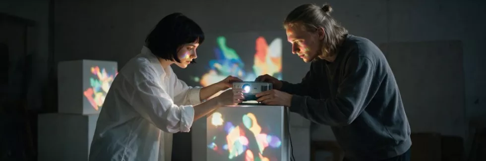 art-students-projecting-colourful-shapes-onto-white-cubes