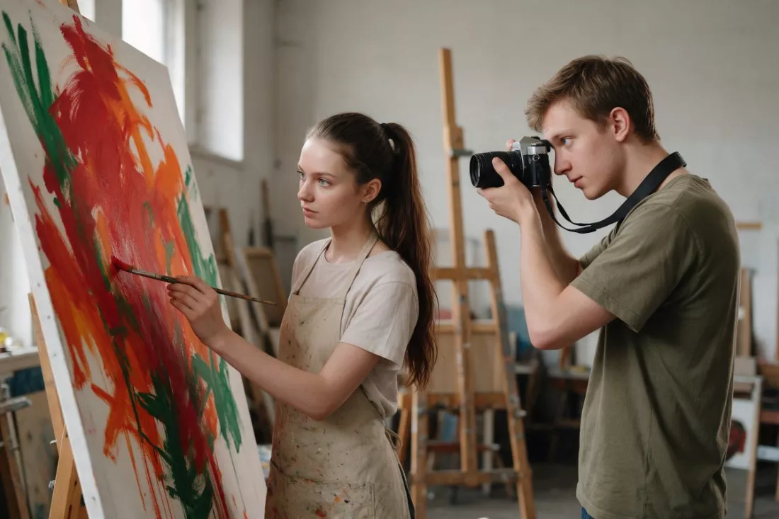 studenci-maluja-i-fotografuja-abstrakcyjny-obraz-w-pracowni