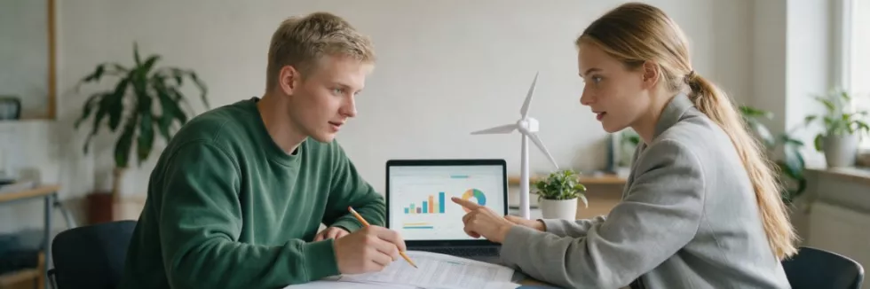 students-analysing-green-investment-charts-beside-a-wind-turbine-model