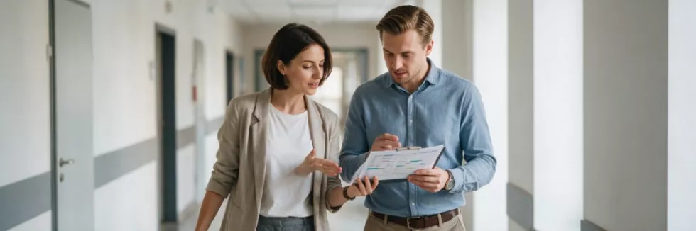 healthcare-managers-discussing-schedule-in-hospital-corridor