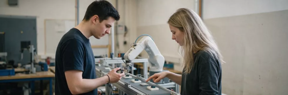 students-timing-a-model-production-line-in-a-workshop