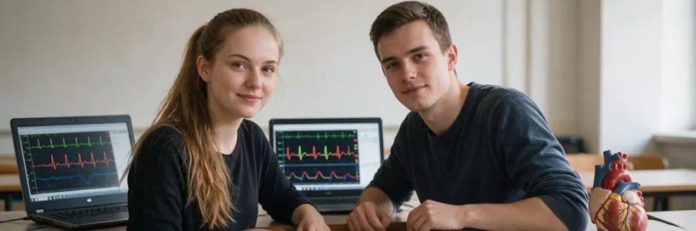 students-analysing-heart-data-on-laptops-next-to-a-heart-model