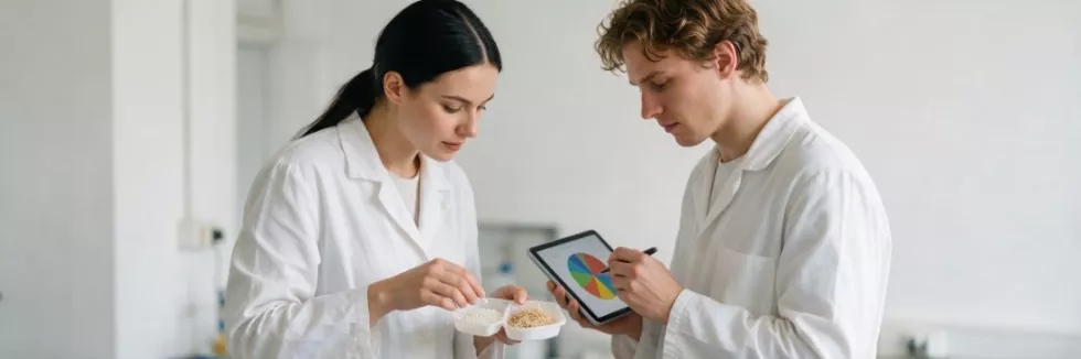 researchers-examining-bioplastic-and-plant-fibre-samples