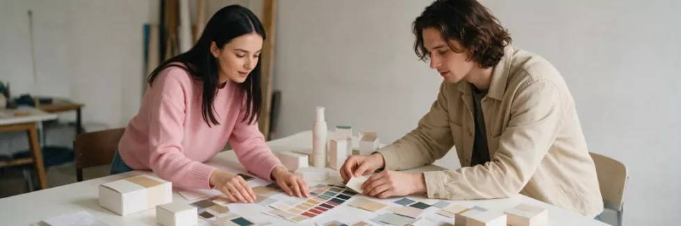students-arranging-product-packaging-and-colour-swatches