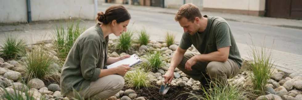 landscape-architects-inspecting-an-urban-rain-garden