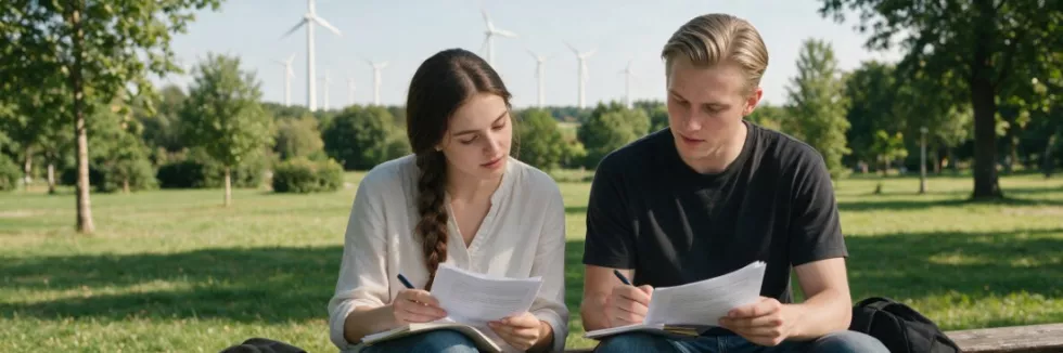 law-students-reading-documents-in-a-park-near-wind-turbines