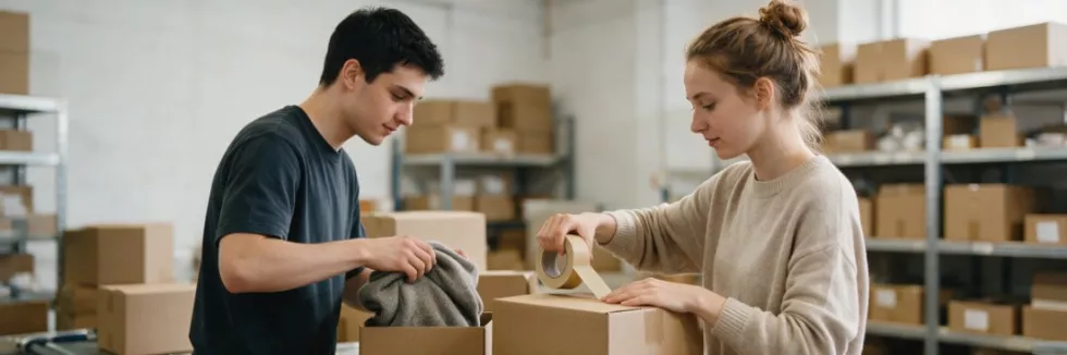 students-packing-parcels-at-a-warehouse-packing-station