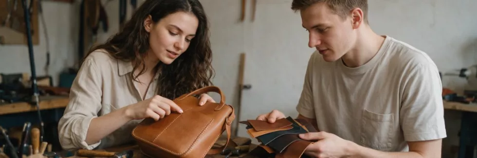 students-examining-a-handmade-leather-bag-in-a-workshop