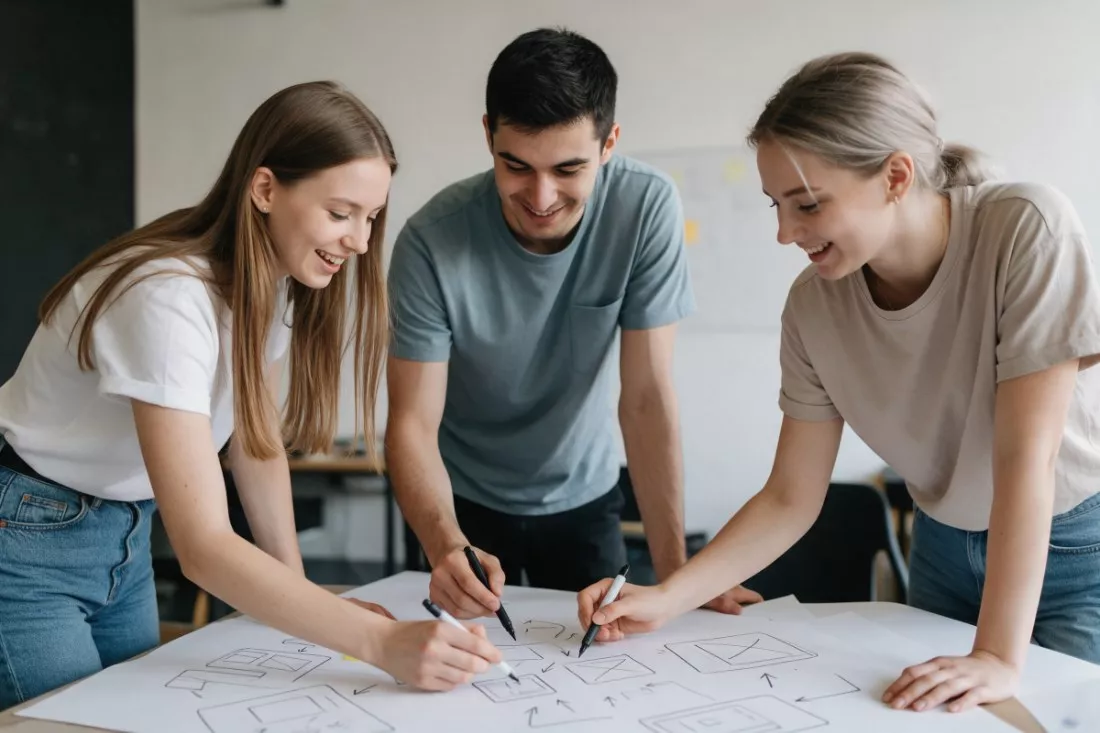 studenci-szkicuja-projekt-aplikacji-na-duzych-arkuszach