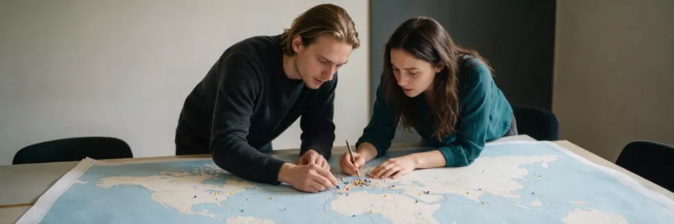 students-analysing-trade-routes-on-a-world-map