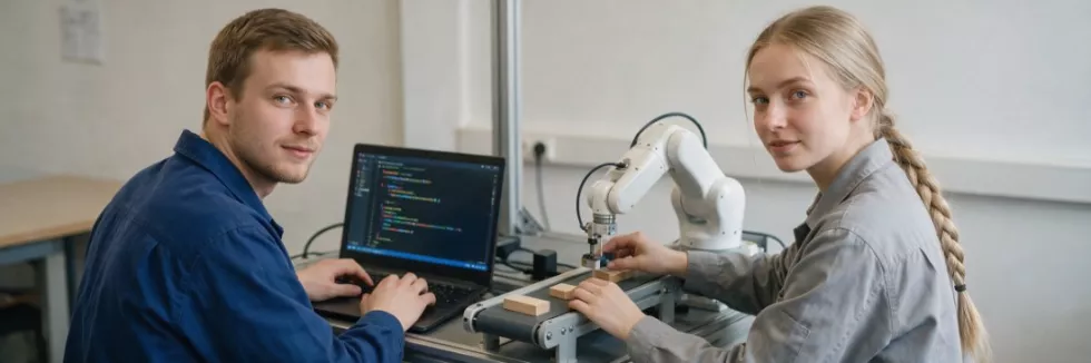 students-programming-a-white-robot-arm-at-a-conveyor