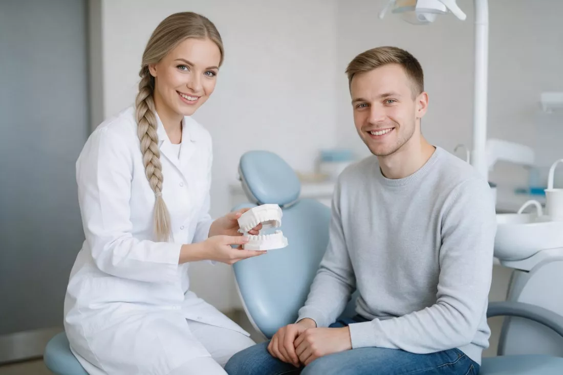 mloda-dentystka-pokazuje-pacjentowi-model-szczeki