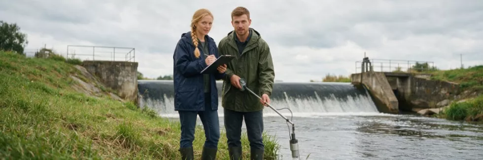 water-engineers-measuring-river-flow-beside-a-weir
