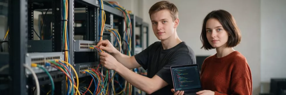students-connecting-cables-to-a-network-switch-in-a-lab