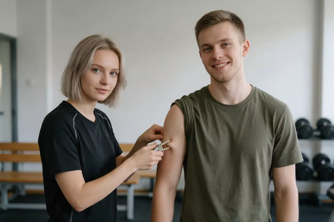 studentka-mierzy-sklad-ciala-kolegi-na-silowni