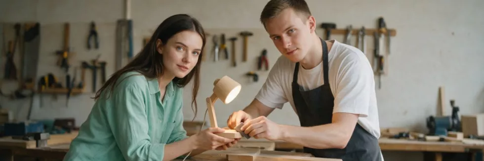 students-sanding-a-wooden-lamp-prototype-in-a-workshop